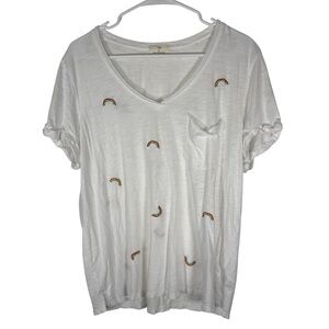 T.La Anthropologie White Tee Rainbow Embroidery Womens Large Short Sleeve Shirt